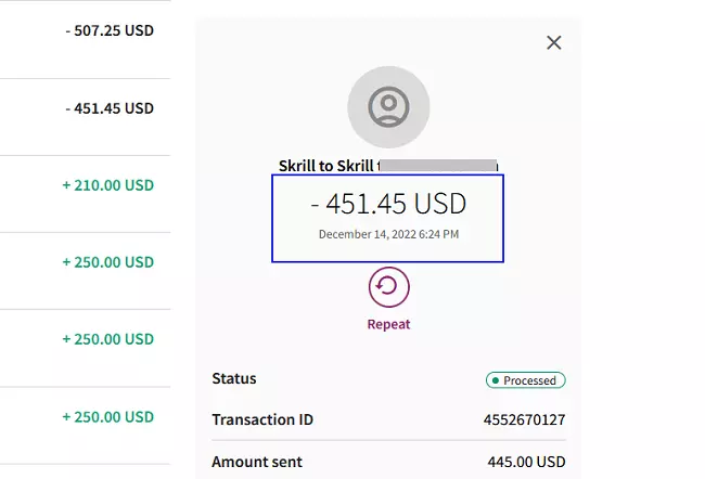 Skrill To Skrill Withdrawal Transactions done by fnfSwap site