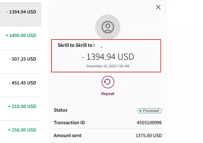 Skrill Withdrawal Transactions done by fnfSwap